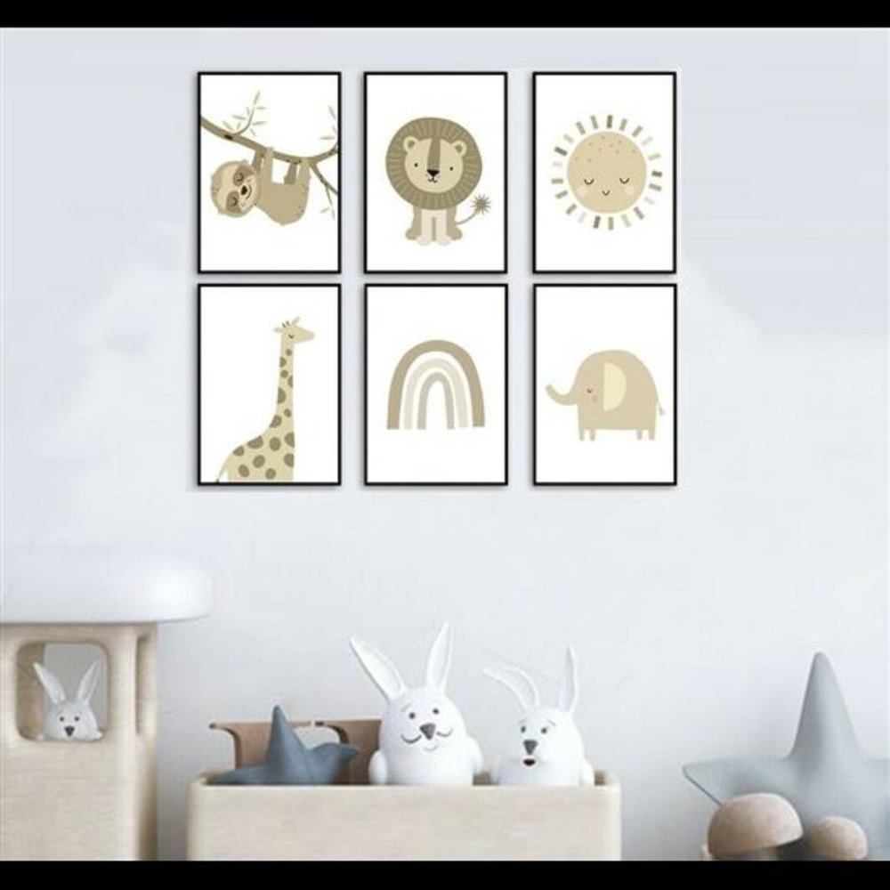 Boho Nursery Decor Animals Sloth Giraffe Neutral Minimalist Prints Set of 6